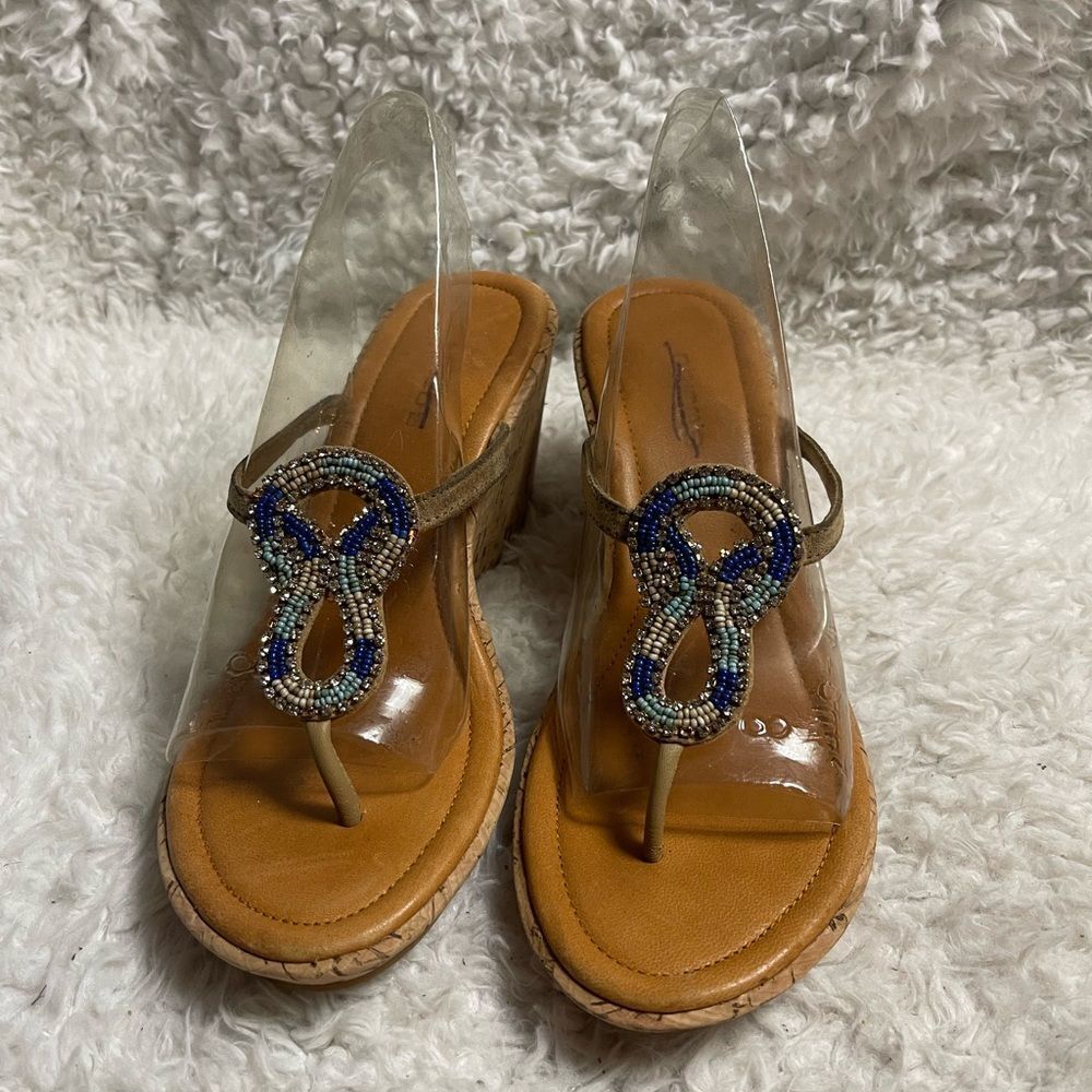 Chicos Elegant multi color Beaded cork wedge Sandals SZ9.